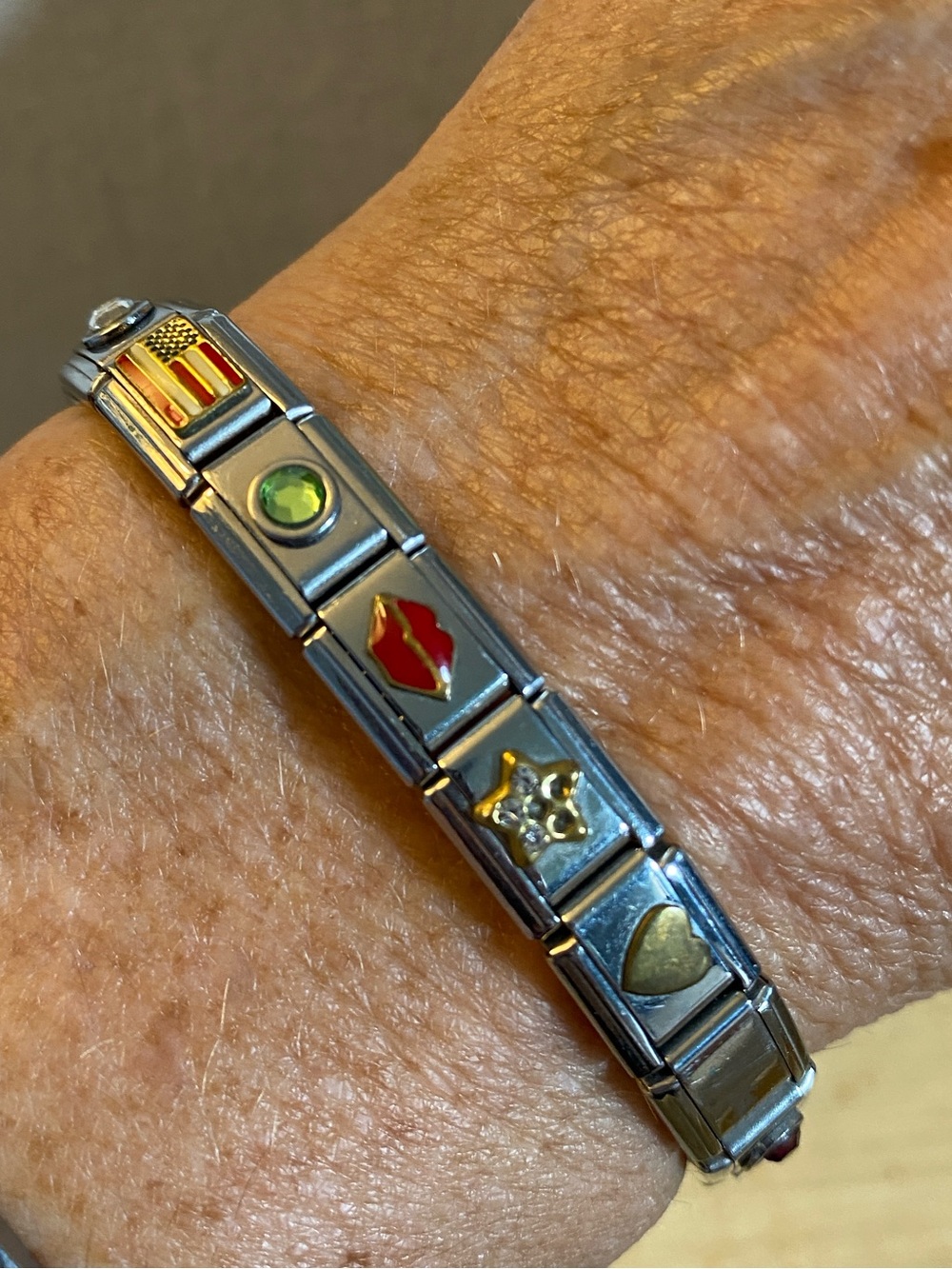 Vintage Stainless Steel Italian Charm Bracelet 11 Charms Rhinestones Enamel